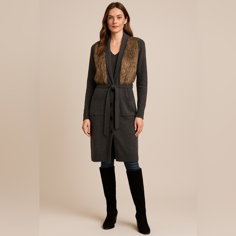 Ann Taylor Wool Faux Fur Longline Belted Button Maxi Cardigan Sz L